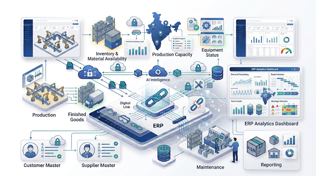 AI in manufacturing ERP inventory optimization showing demand stock replenishment and supply insights