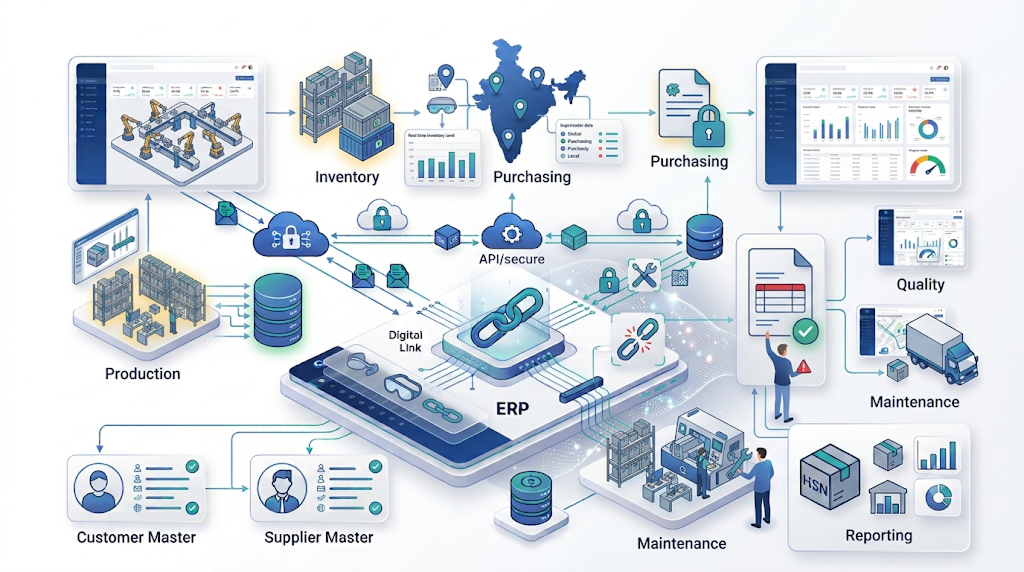 AI in manufacturing ERP architecture connecting production inventory planning quality and business data