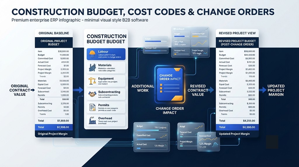 Construction ERP budget cost codes and change order tracking against original project baseline