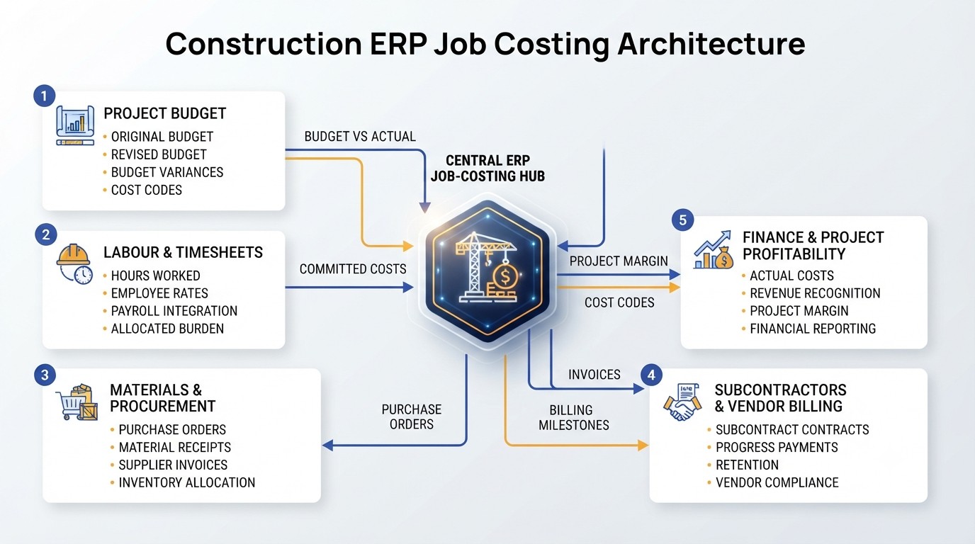 ERP for construction and project-based businesses connecting budgets job costing subcontractors and billing