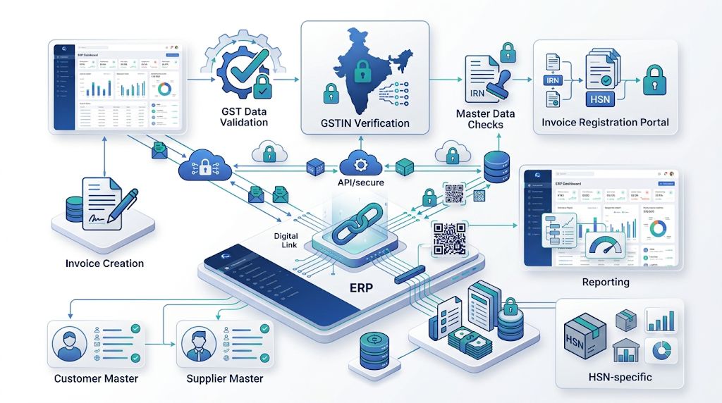 ERP e-invoice data validation for GSTIN, HSN, tax values and invoice fields