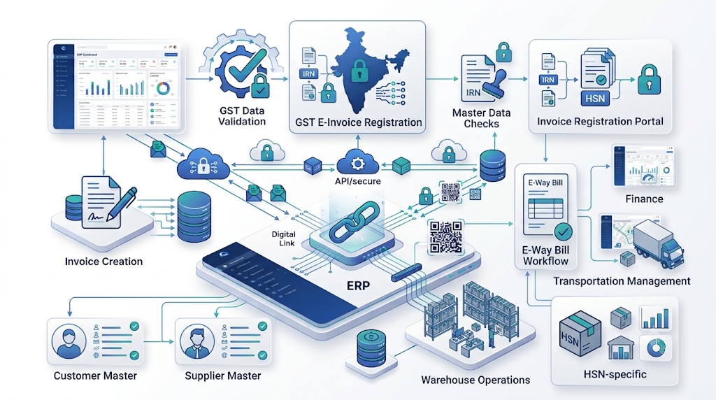 ERP e-invoicing and e-Way Bill workflow connecting sales warehouse finance and logistics