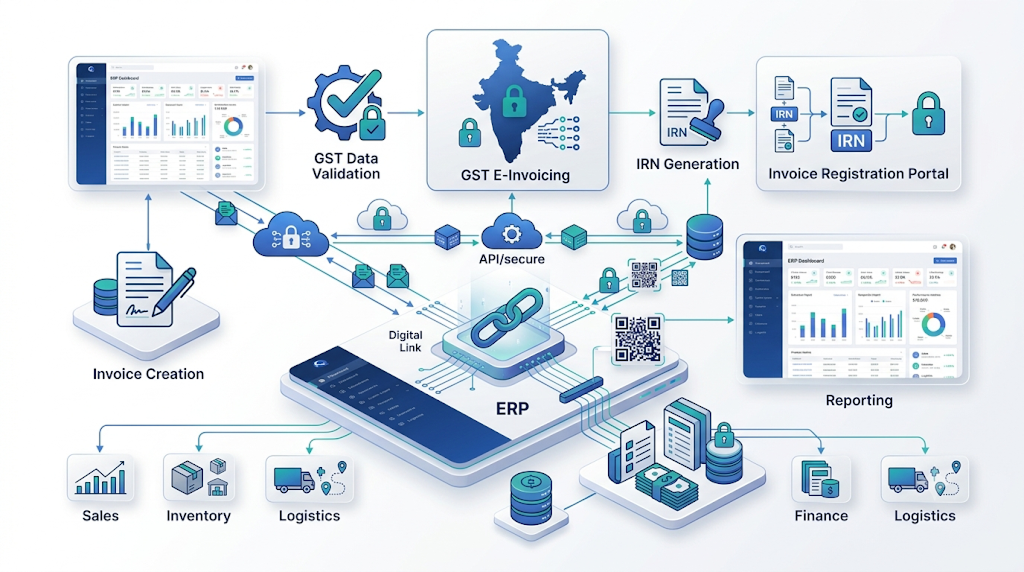 ERP e-invoicing integration architecture connecting ERP, GST APIs, IRP and finance workflows
