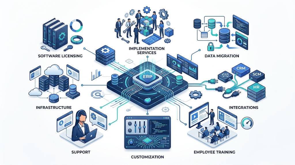 ERP implementation cost in India cost components including licensing, implementation, data migration and integrations