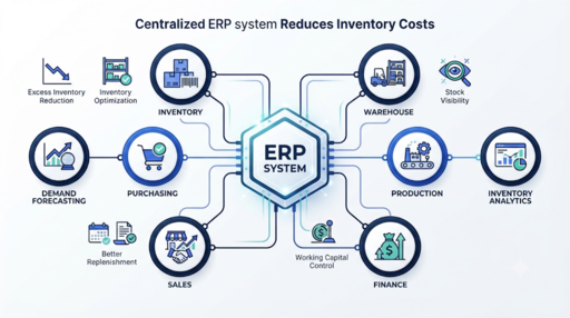ERP inventory cost optimization dashboard showing how ERP helps reduce inventory costs