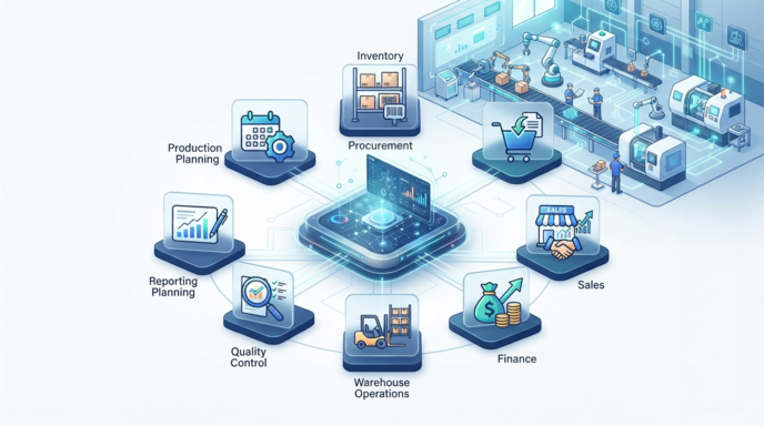 Benefits of ERP in manufacturing connecting production inventory procurement finance quality and reporting