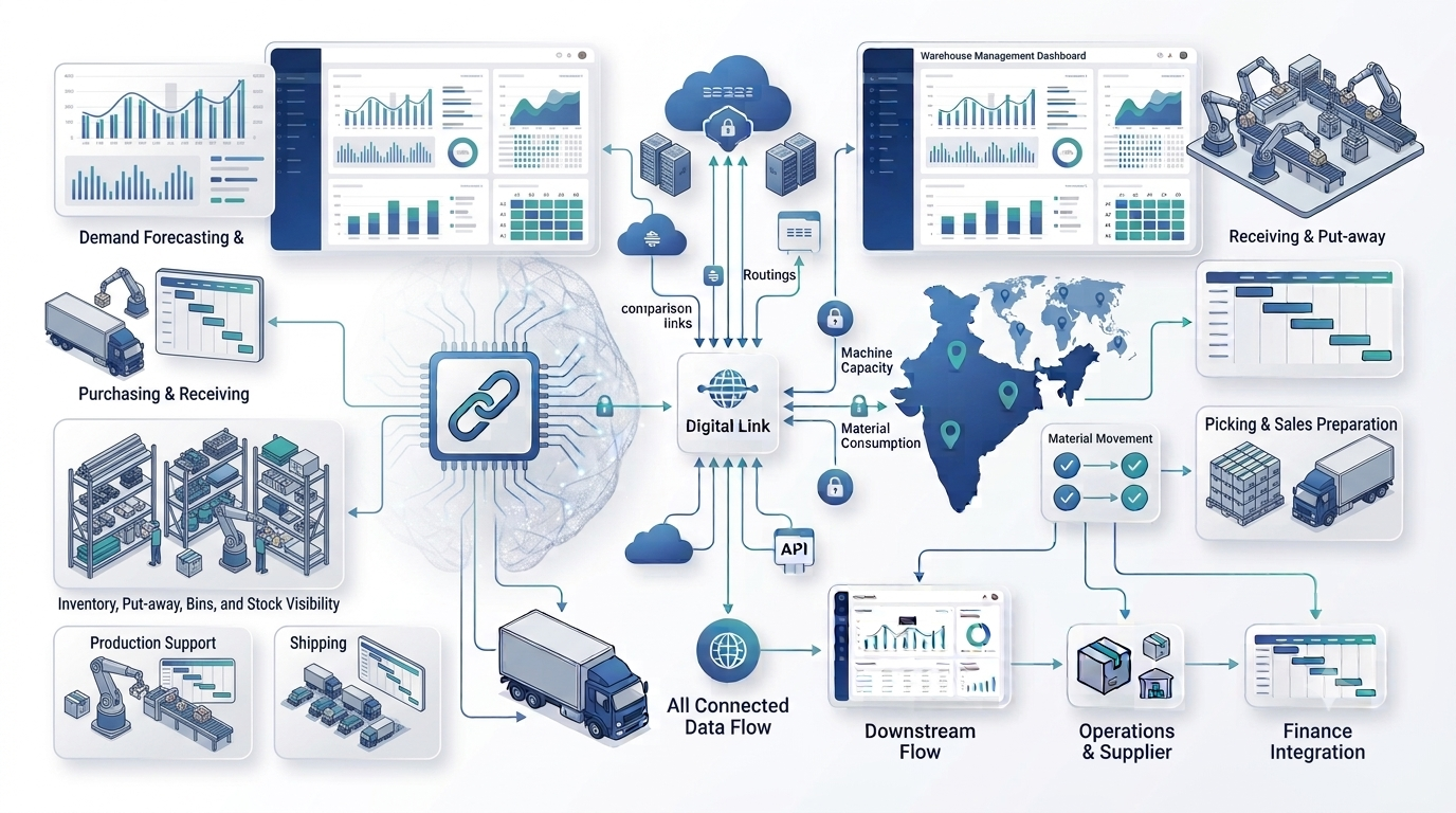 ERP warehouse management system architecture connecting inventory production purchasing sales and warehouse operations