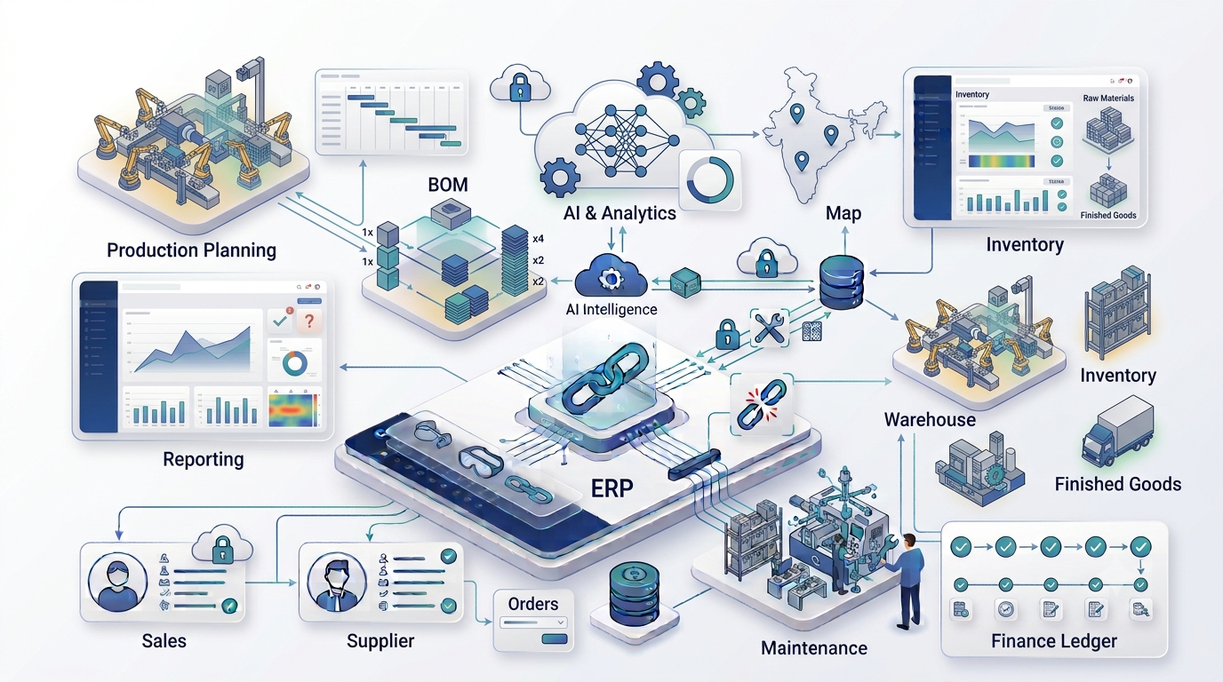Tally alternative for manufacturing ERP architecture connecting production inventory finance purchasing and sales
