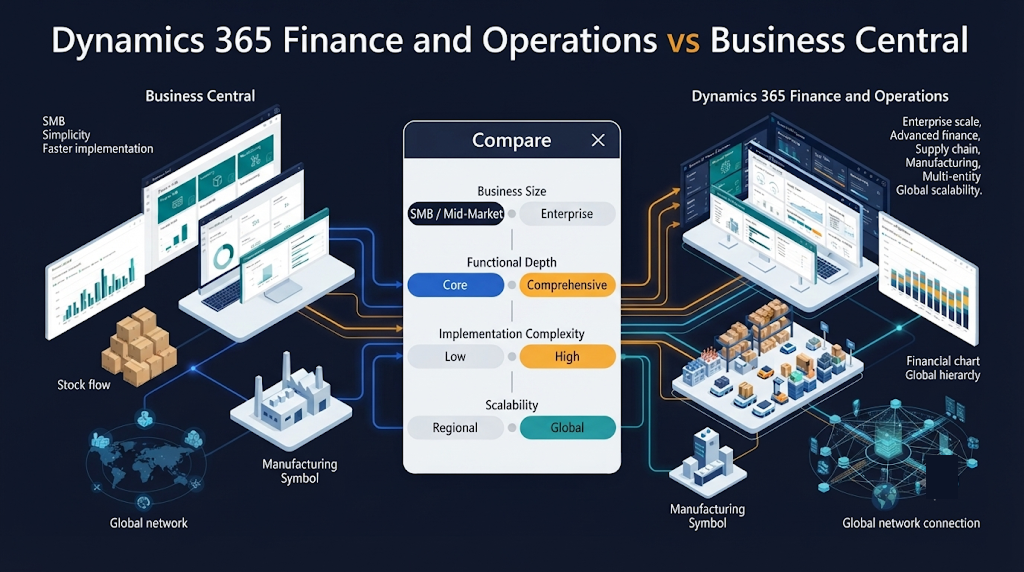 Dynamics 365 Finance and Operations vs Business Central comparison across company size functional depth and licensing
