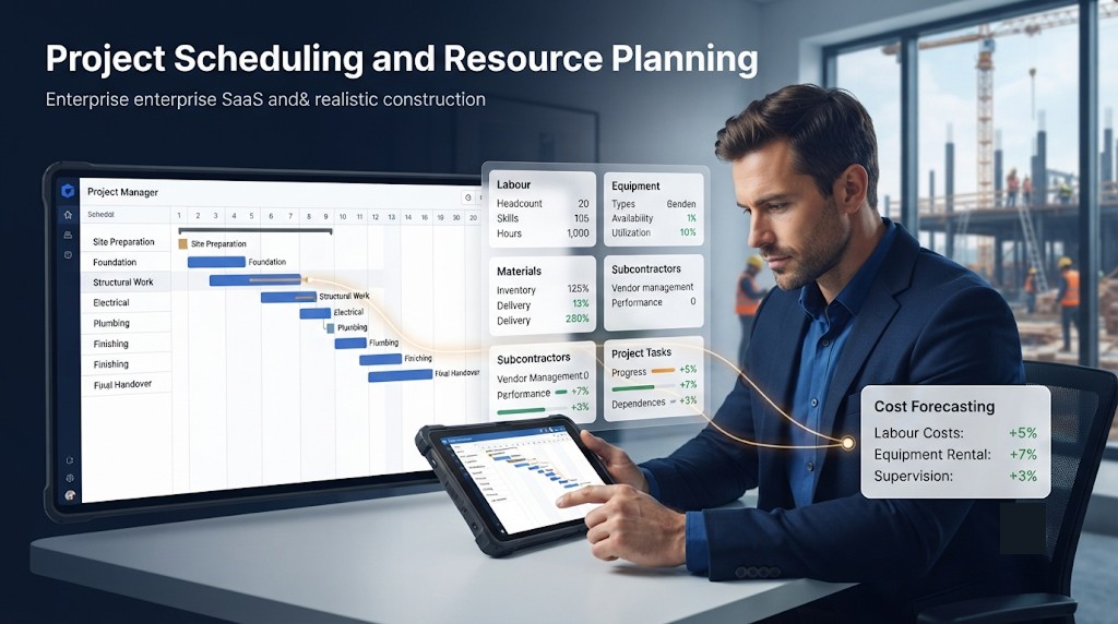 Project scheduling and resource planning connected to job costing and budget forecast