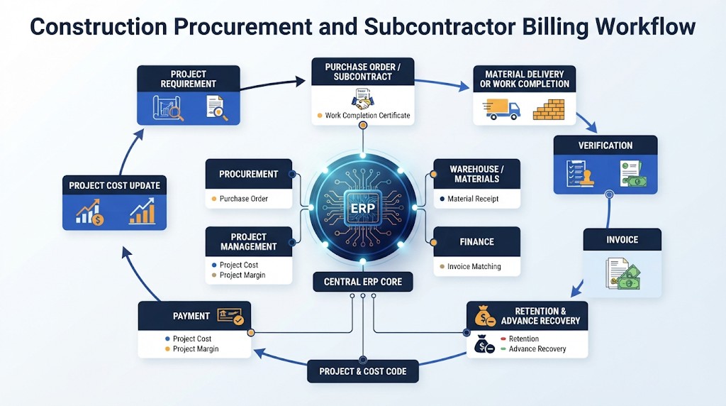 ERP procurement and subcontractor billing workflow for construction projects
