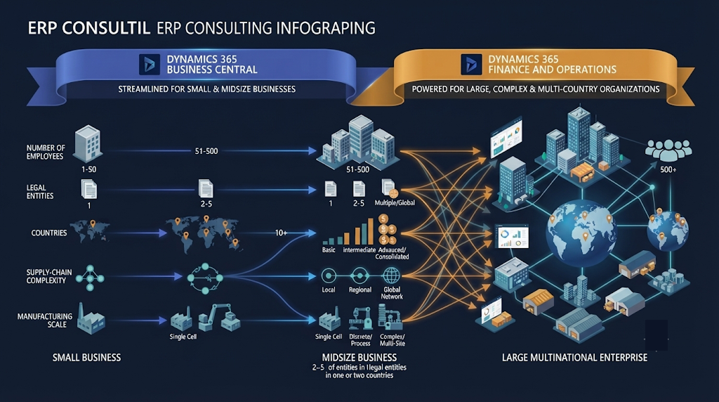 Dynamics 365 Finance and Operations vs Business Central target company size and organizational complexity