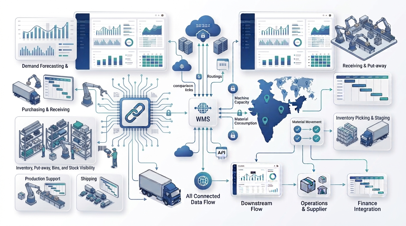 ERP warehouse management system picking movement and shipping workflow for manufacturing operations
