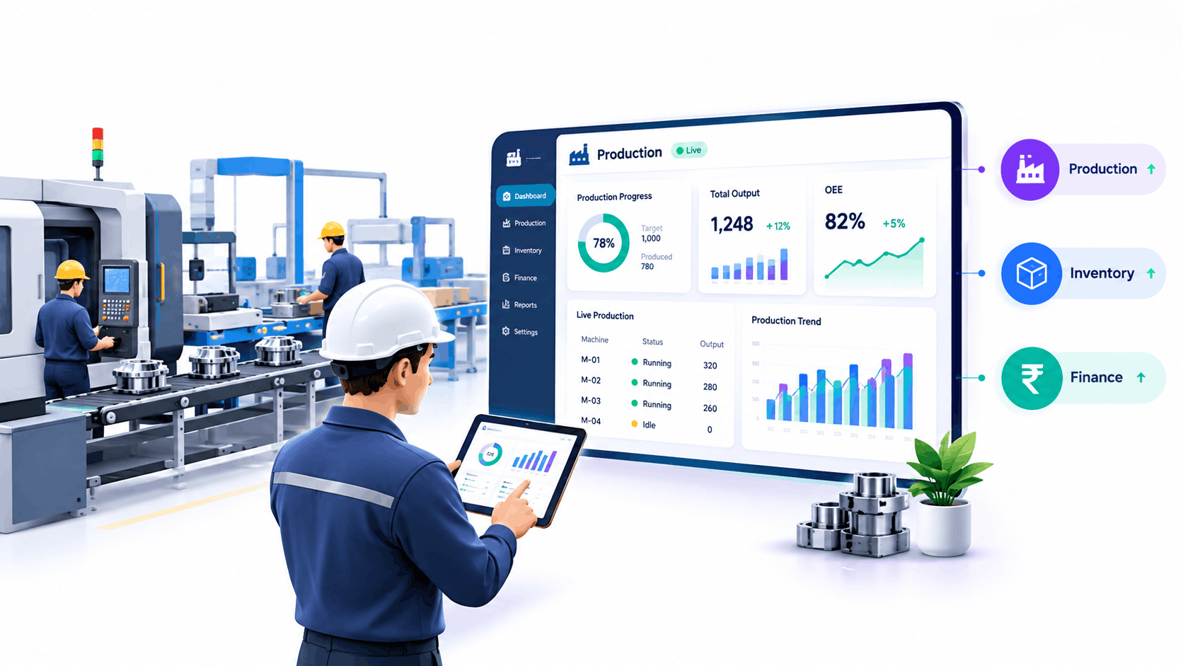 Manufacturing floor team using ERP software to track production efficiency