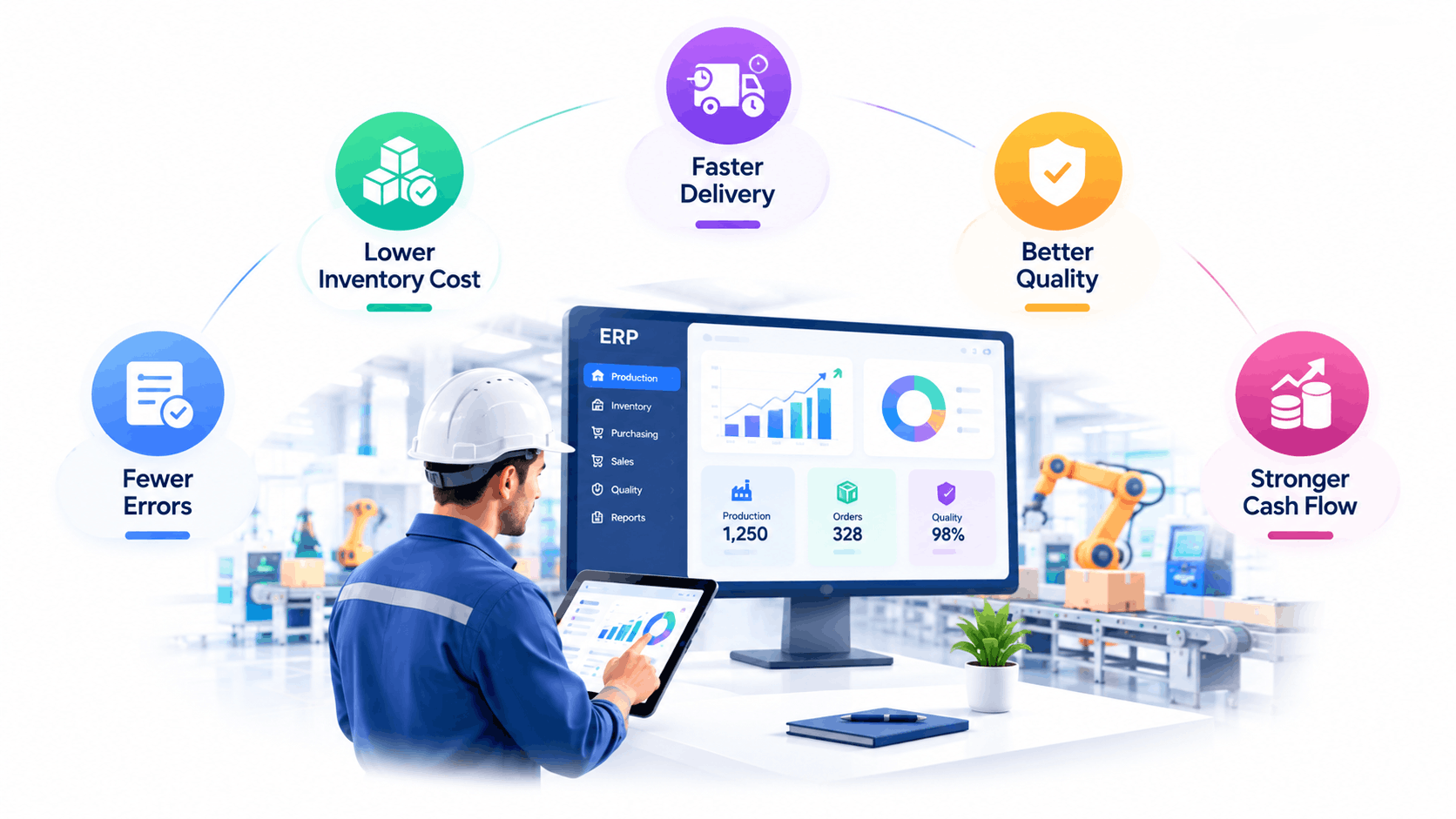 Engineer reviewing production data from ERP software for manufacturing in Bangalore