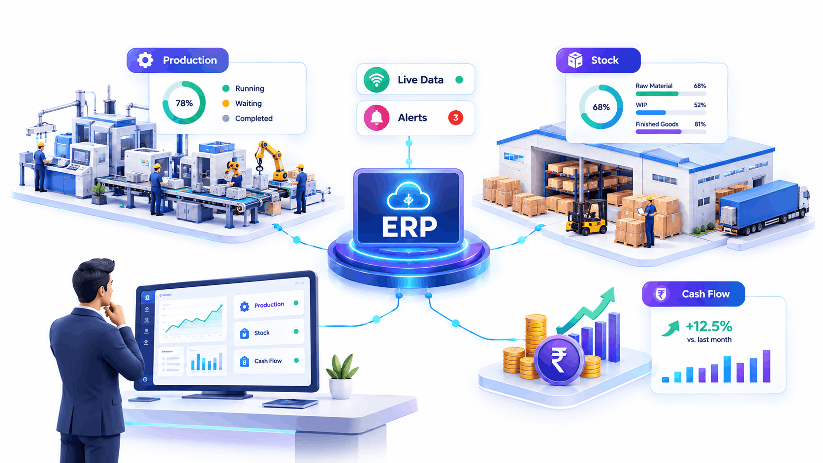 Best ERP Software for Manufacturers India dashboard on factory floor