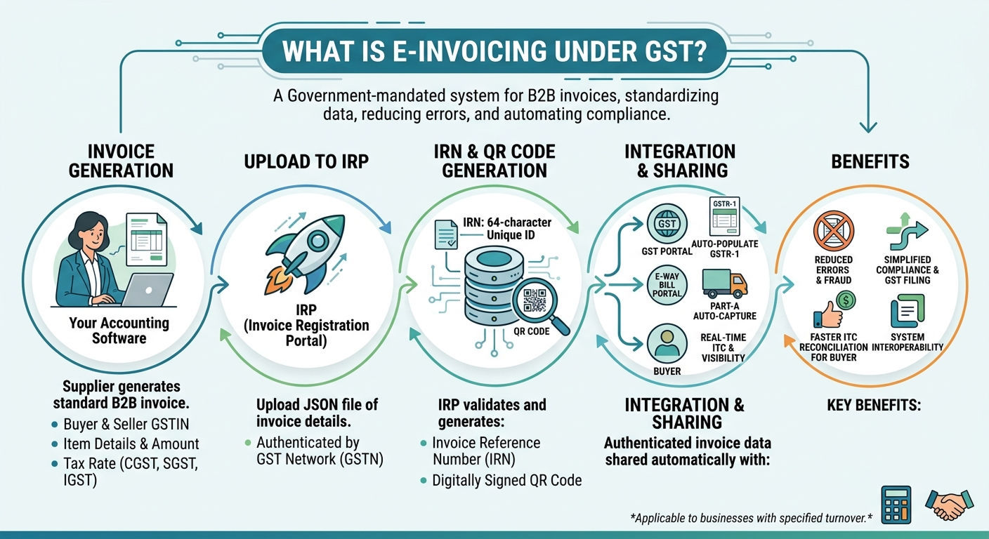 e-invoicing software for GST compliance India showing IRN and QR code fields