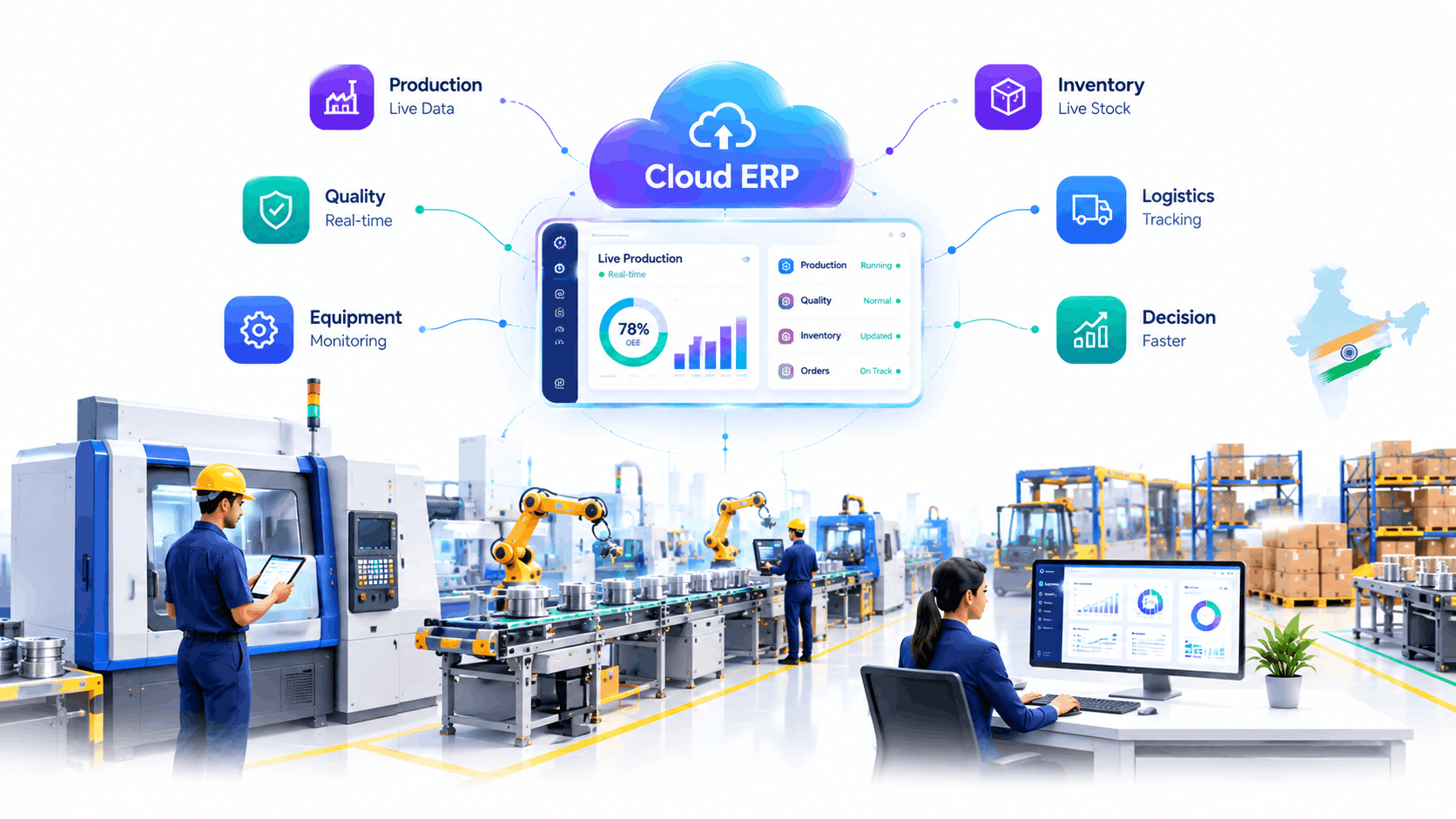 Manufacturing plant floor connected to cloud ERP for manufacturing dashboard