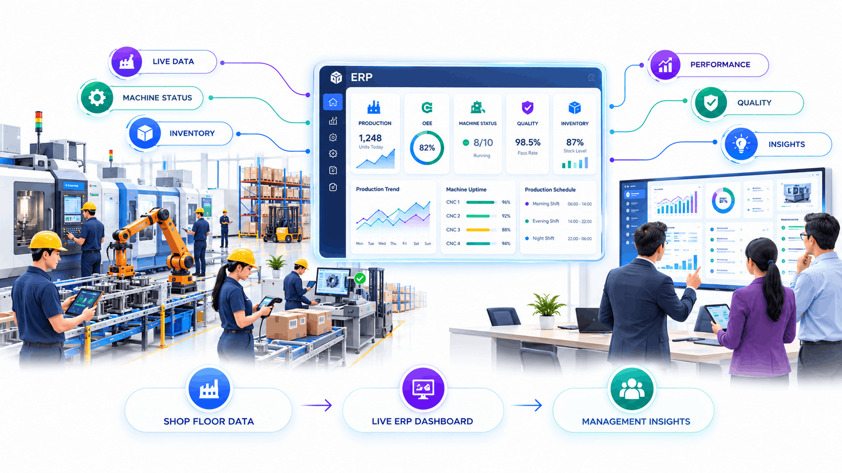 ERP dashboard analytics screen showing manufacturing production data