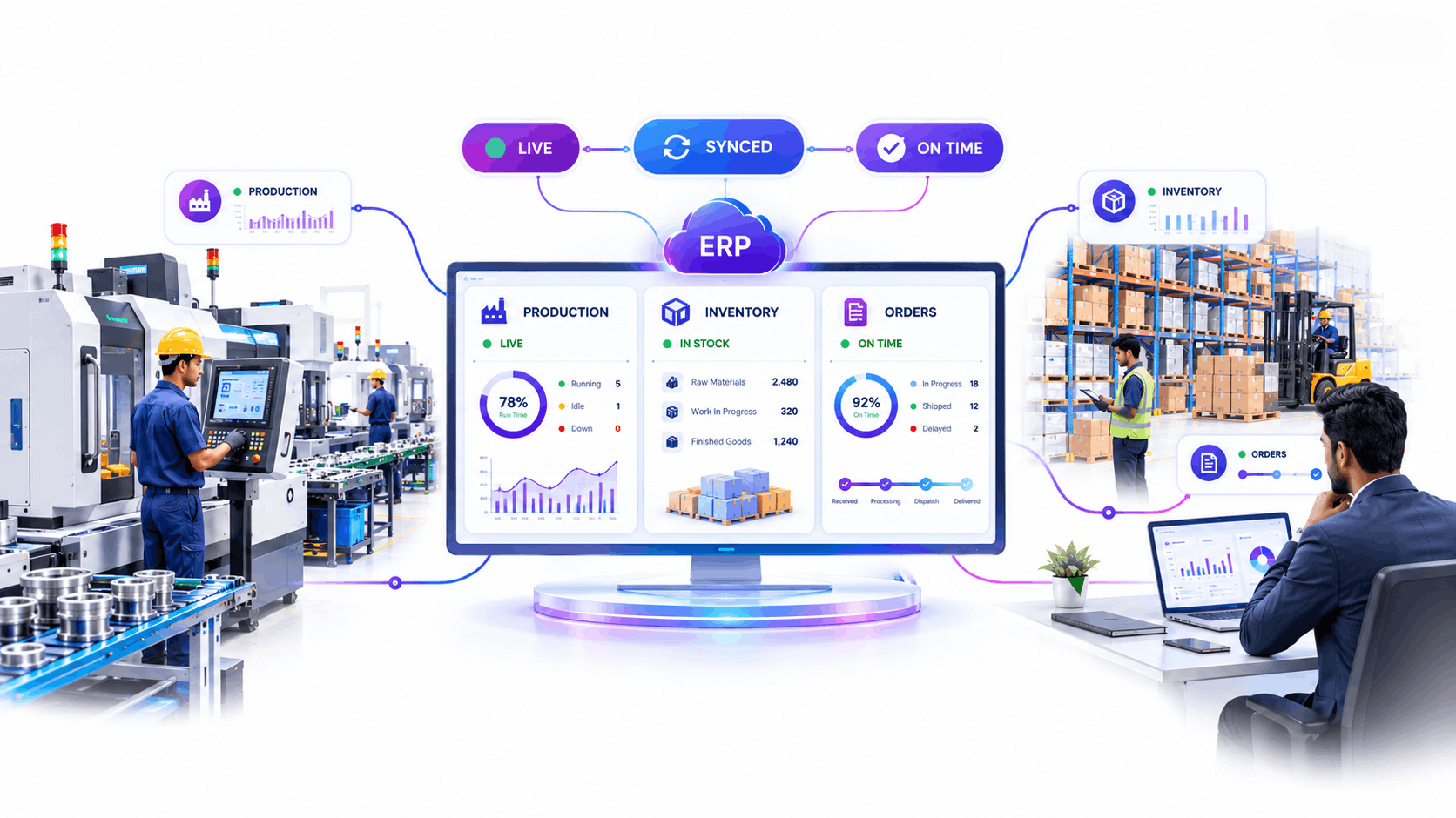 Dashboard view from Innoverse360 ERP software for manufacturers India showing production KPIs