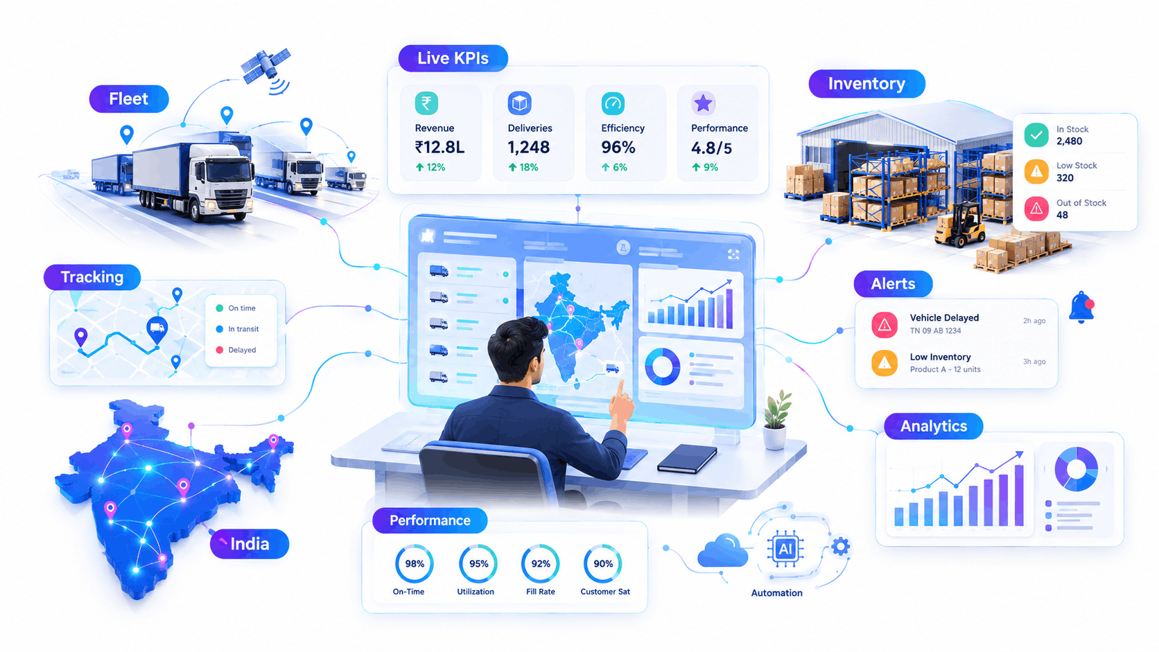 Logistics control dashboard illustrating digital transformation logistics India analytics