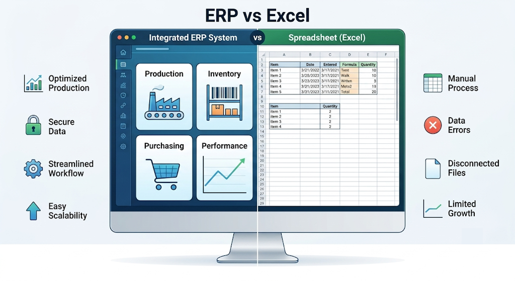 ERP vs Excel for Manufacturing comparison showing inventory transactions and spreadsheet workflows