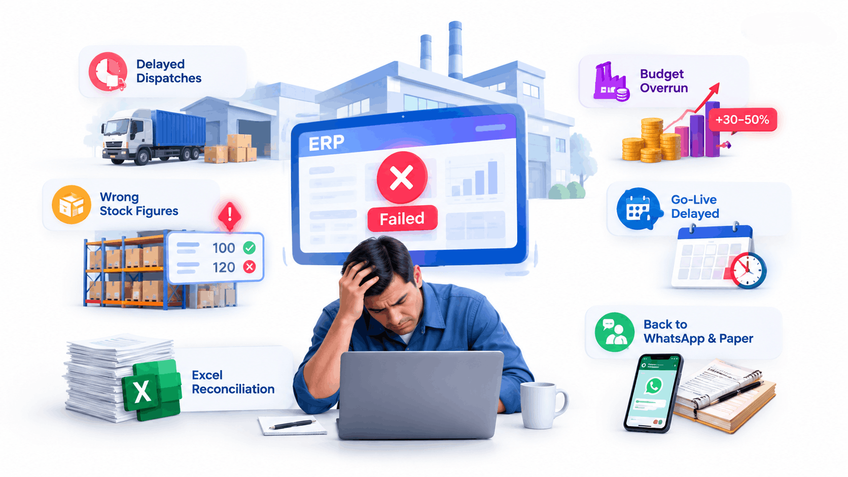 ERP implementation failure manufacturing - factory with failed ERP project warning